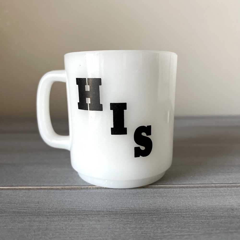 Vintage Glasbake Mug Graphic HIS Coffee Cup White Black made in USA